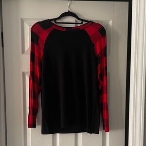 Plaid Sleeve Long Sleeve Top - Black and Red